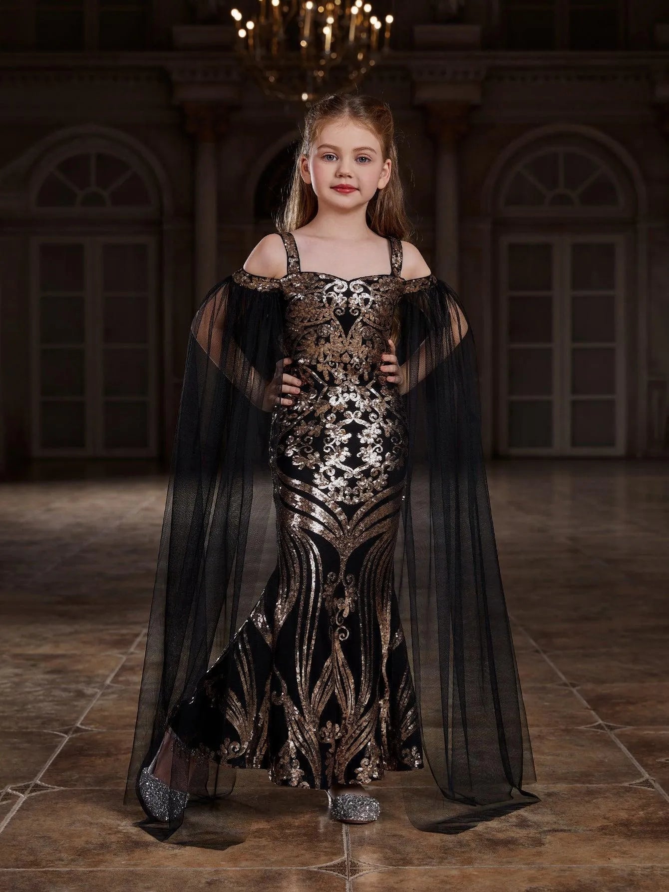 Additional product view of Cloak-Sleeve Off-Shoulder Sequin Mermaid Maxi Tween Girls' Party Dress