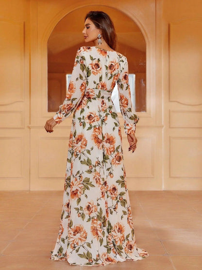 V-Neck Chiffon Floral Long-Sleeve A-Line Evening Gown — authorized product image 4