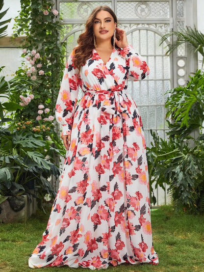 Additional product view of Plus-Size V-Neck Chiffon Floral A-Line Maxi Formal Dress