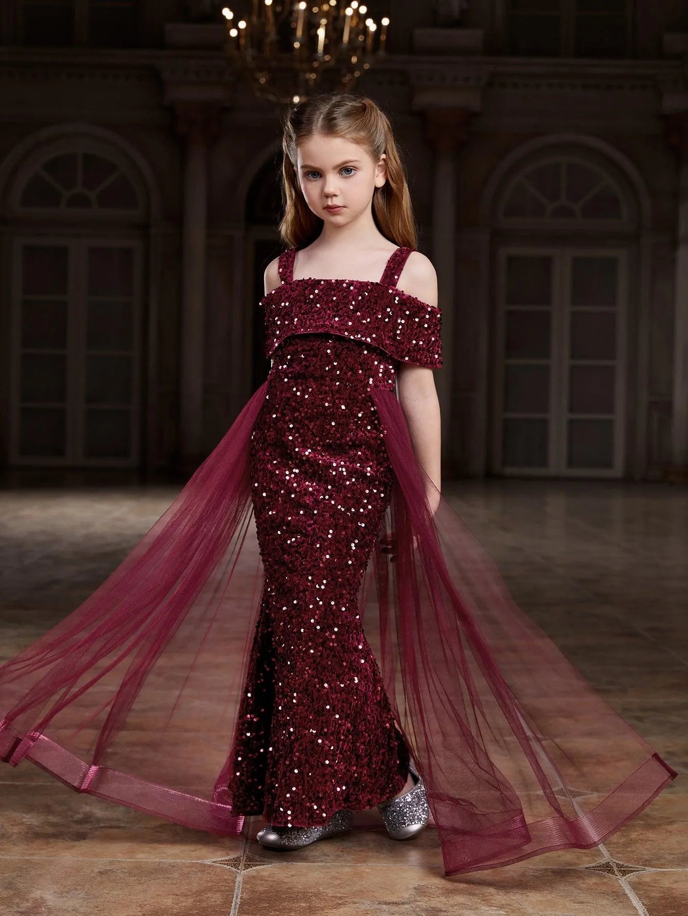 Additional product view of Mesh Overlay Off-Shoulder Sequin Mermaid Short-Sleeve Tween Girls' Party Dress