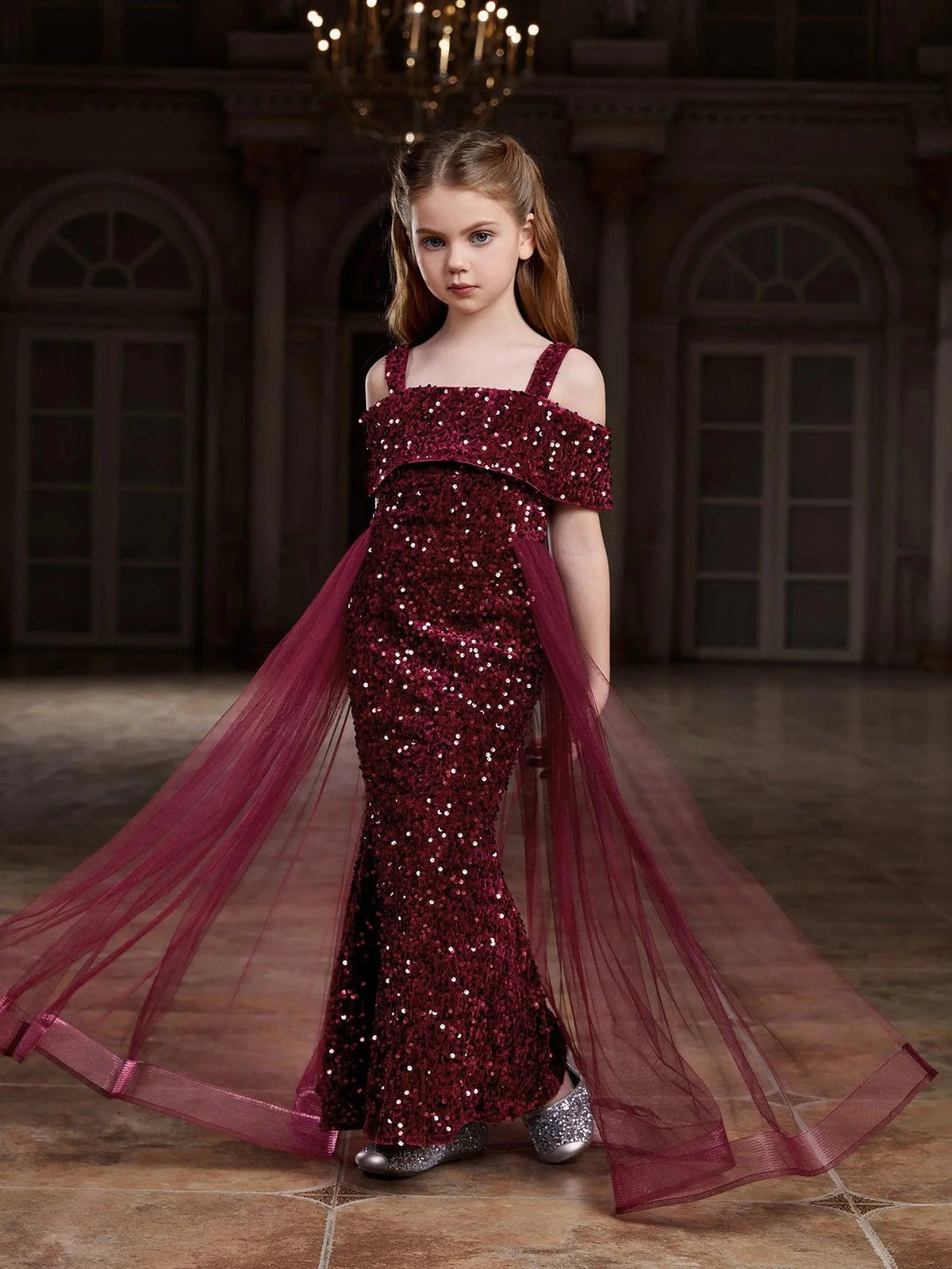 Additional product view of Mesh Overlay Off-Shoulder Sequin Mermaid Short-Sleeve Tween Girls' Party Dress