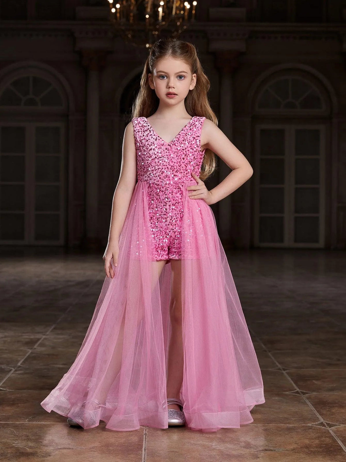 Additional product view of Mesh Overlay V-Neck Sequin Sleeveless Tween Girls' Formal Romper