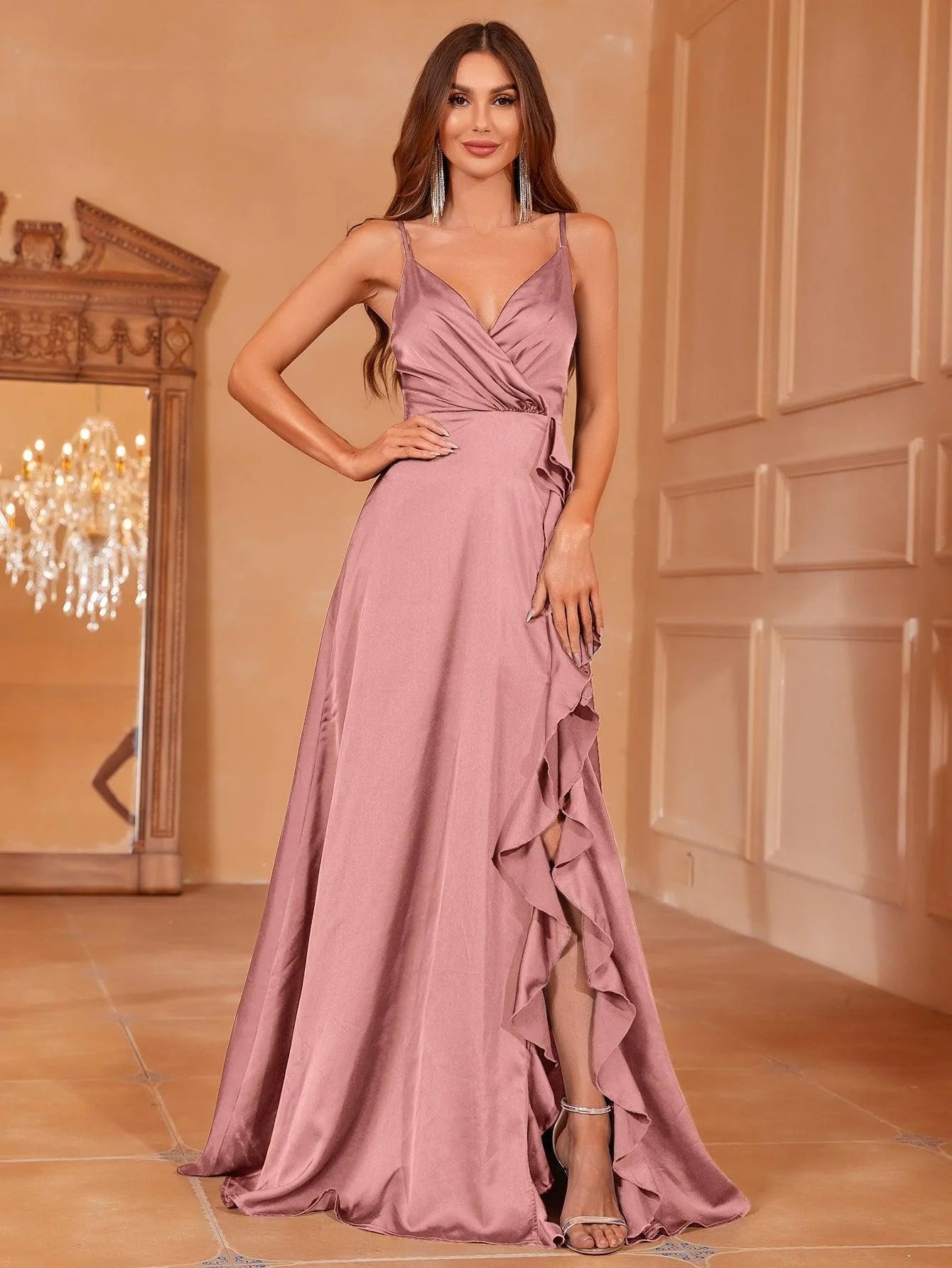 Alternate view of Ruffle Trim Cami Strap Satin High-Slit A-Line Evening Gown in Mauve