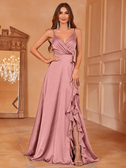 Alternate view of Ruffle Trim Cami Strap Satin High-Slit A-Line Evening Gown in Mauve