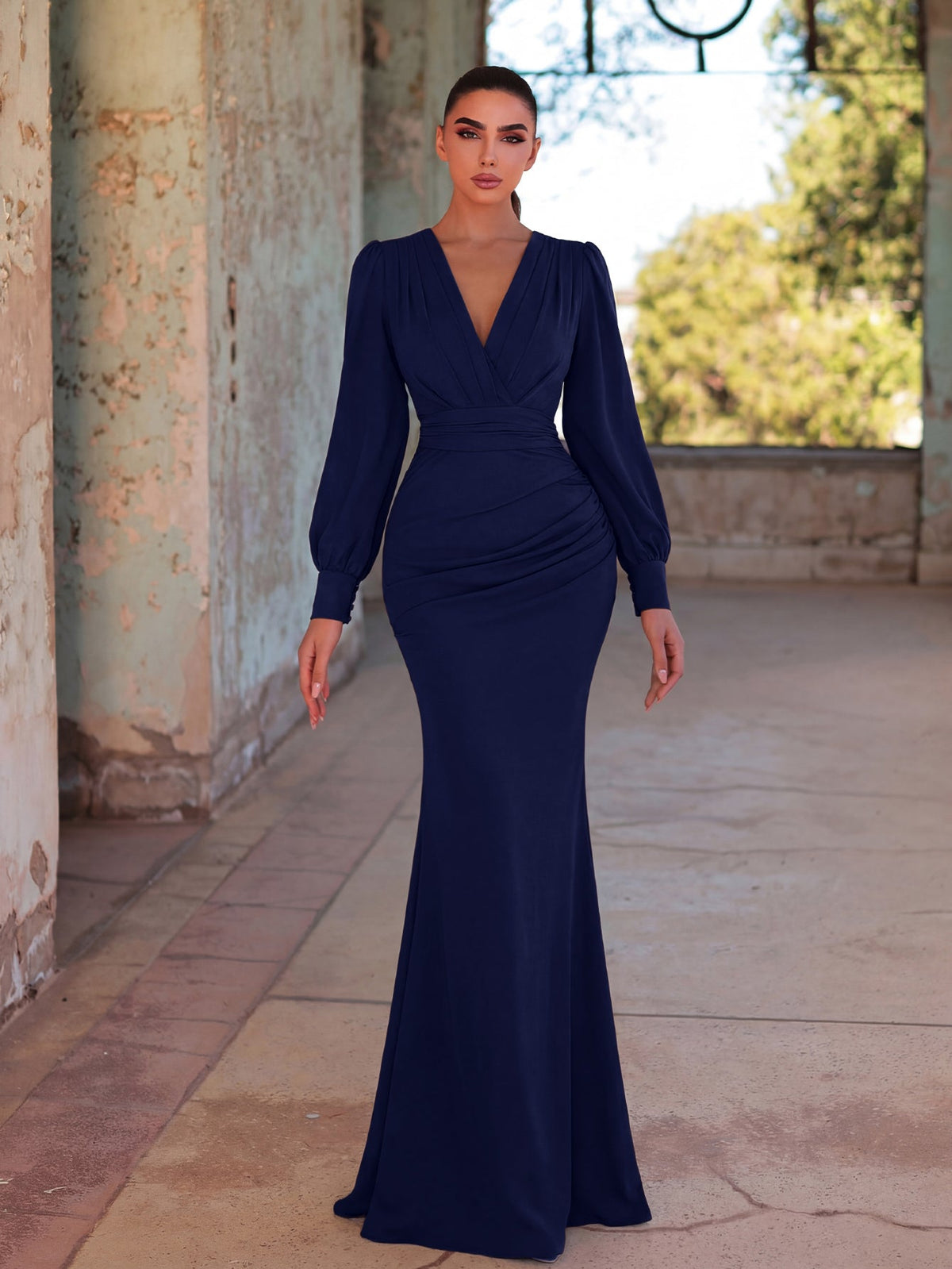 Alternate view of Surplice-Neck V-Neck Chiffon Mermaid Long-Sleeve Evening Gown in Navy blue
