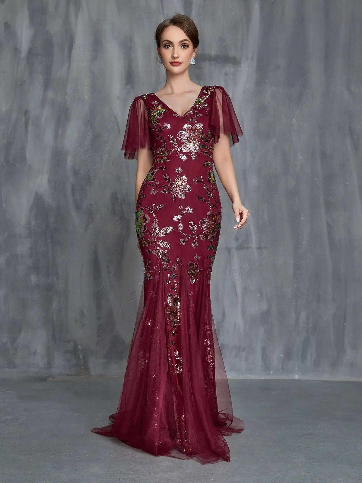 Additional product view of V-Neck Short-Sleeve Mermaid Sequin Maxi Mother-of-the-Bride Dress