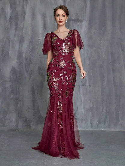 Additional product view of V-Neck Short-Sleeve Mermaid Sequin Maxi Mother-of-the-Bride Dress