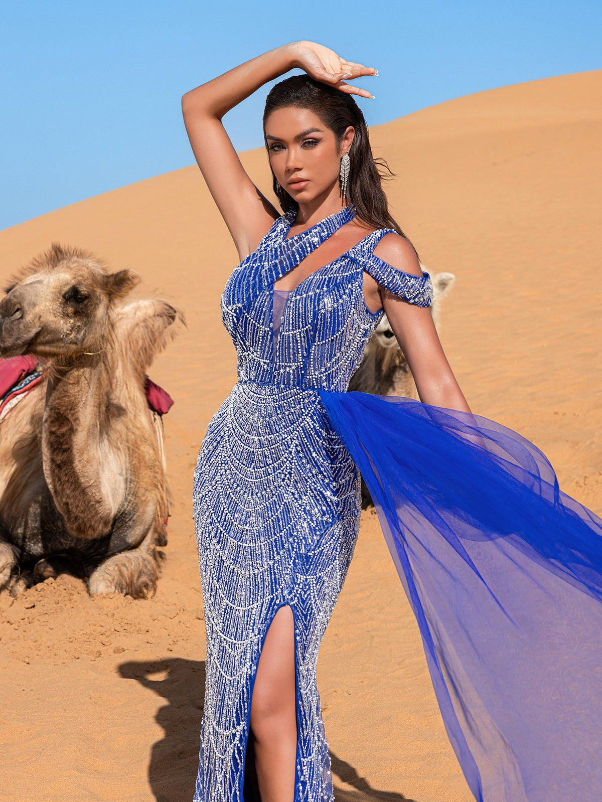 Additional view of Asymmetrical Neck Beaded Mermaid Evening Gown