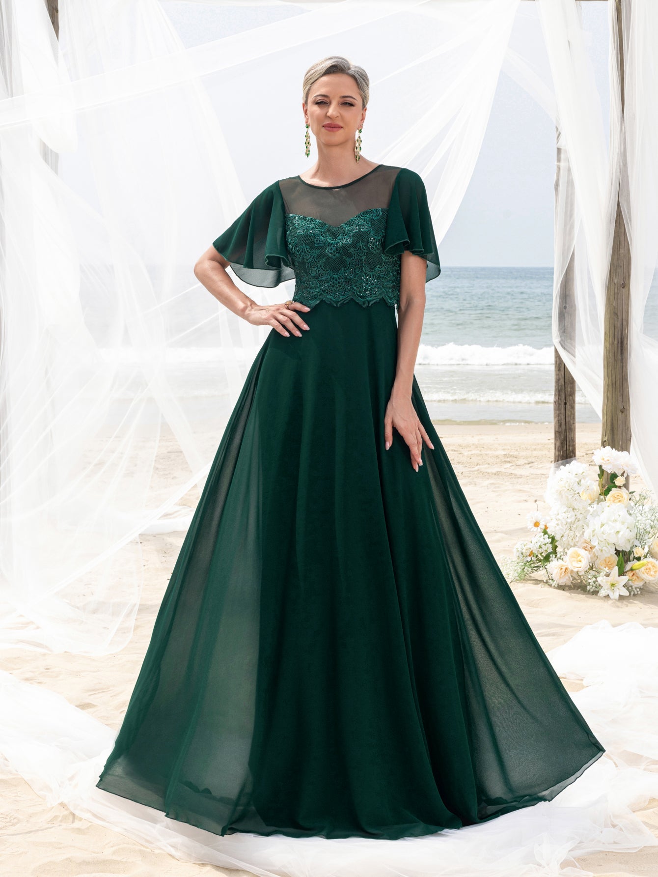Women's Elegant Lace Floor-Length Evening Gown for Mother of the Bride – Flared Short Sleeves, Chest-to-Waist Lace Motifs, Voluminous Flowing Skirt for Beach Coastal Weddings &…