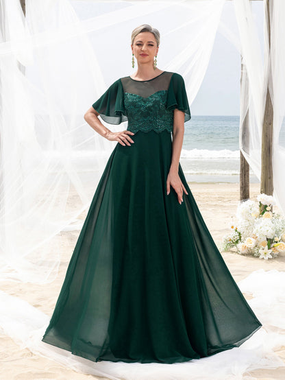 Mother-of-the-Bride Lace Short-Sleeve A-Line Evening Gown