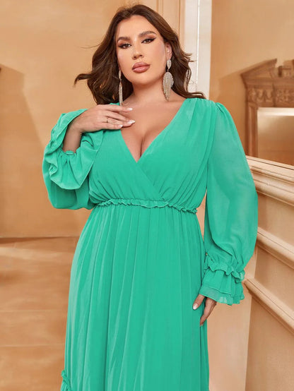 Plus-Size V-Neck Chiffon Lantern-Sleeve A-Line Evening Gown — authorized product image 5