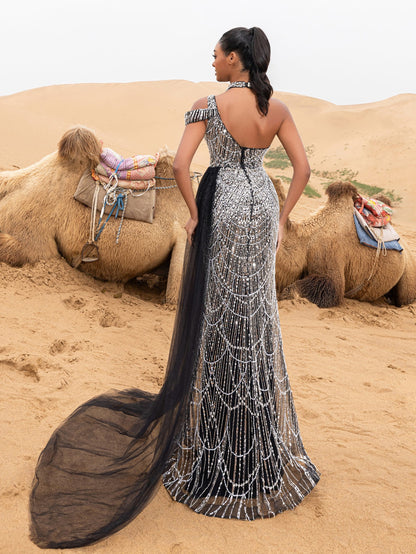 Gorgeous Asymmetrical Neck Draped Side Split Mermaid Hem Beaded Formal Dress Evening Gown – view 23