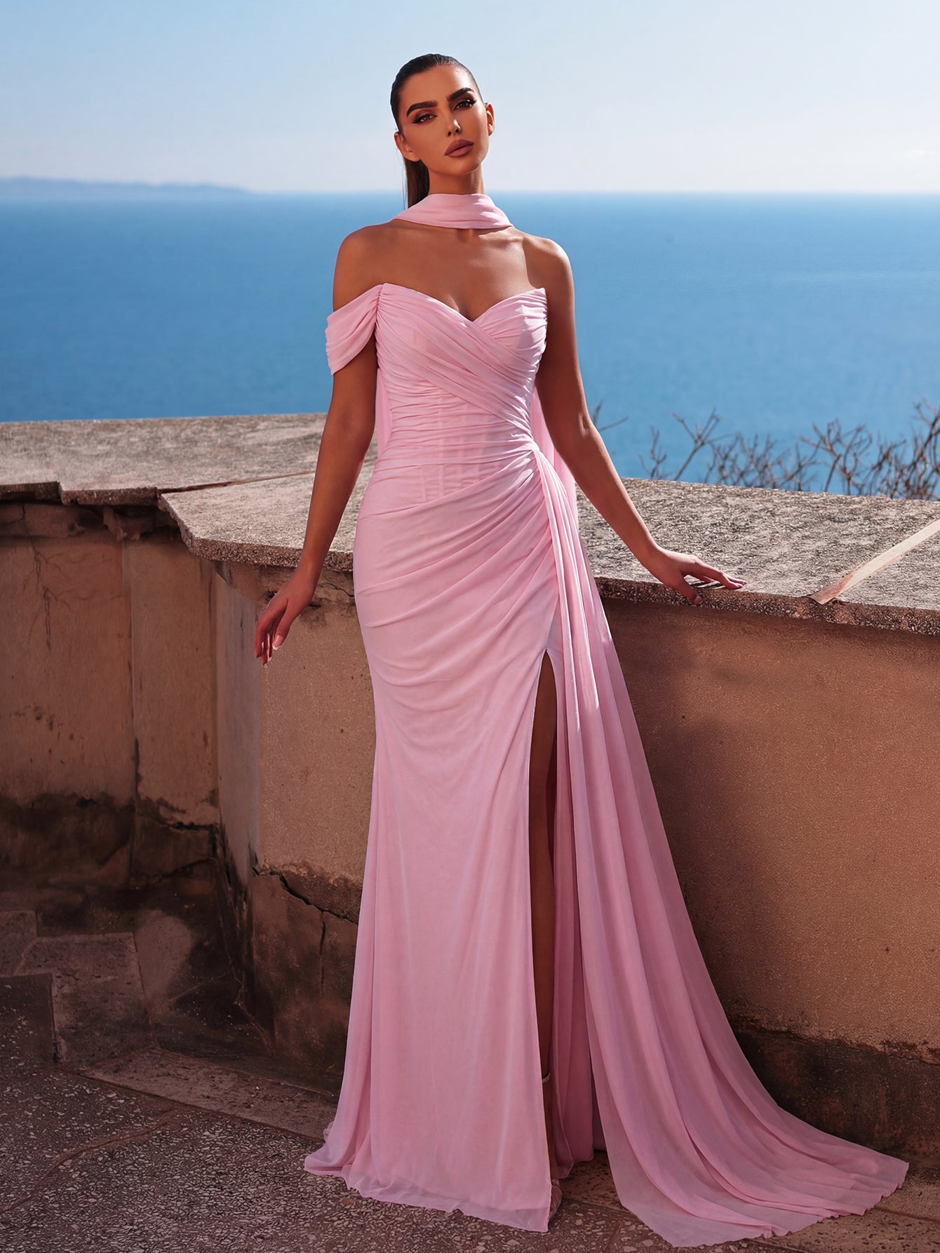 Additional product view of Lace-Up High-Slit Strapless Mermaid Sleeveless Evening Gown