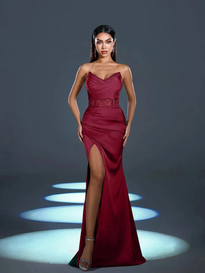 Alternate view of High-Slit Strapless Satin Sequin Mermaid Evening Gown in Burgundy