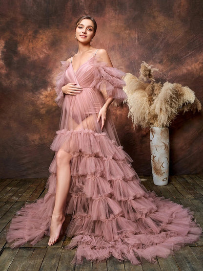 Alternate view of Layered Hem Cami Strap Off-Shoulder Mesh A-Line Maternity Formal Dress in Mauve