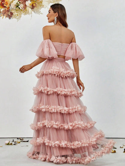 Off-Shoulder Puff Sleeve Crop Top & Frill Trim Mesh Skirt – view 2