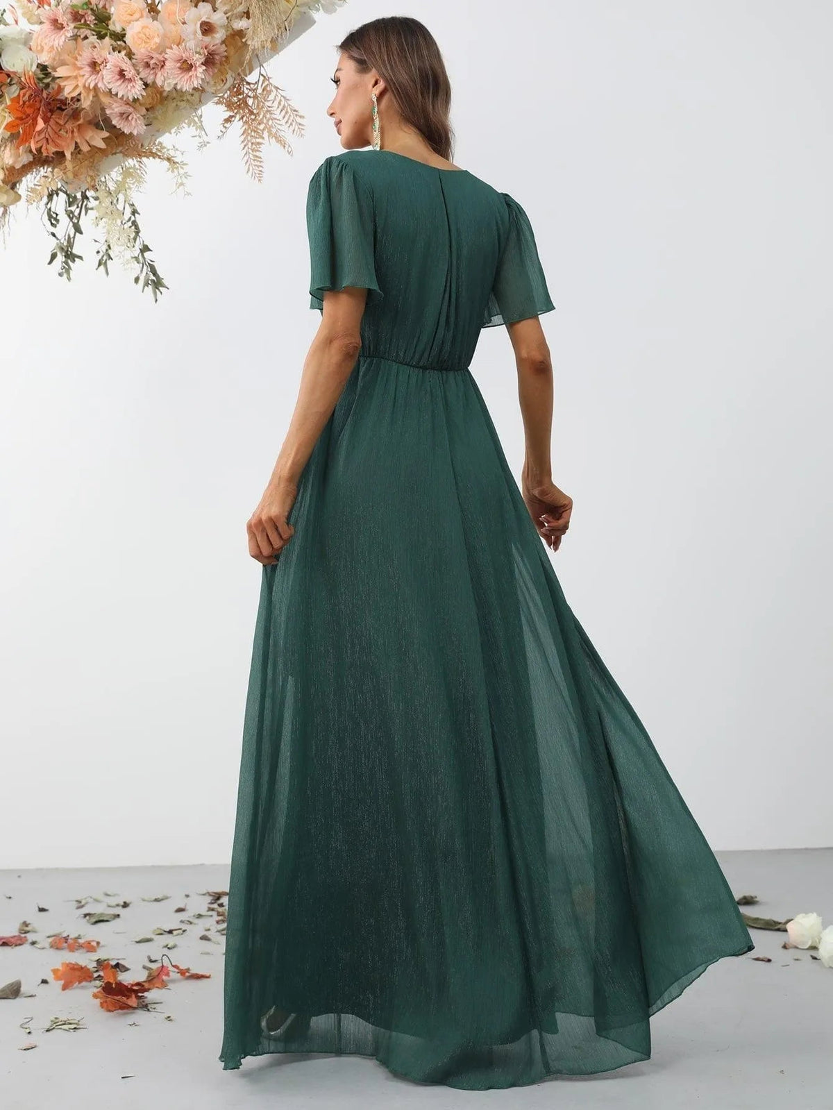 Additional product view of Belted V-Neck Chiffon A-Line Short-Sleeve Maxi Formal Dress