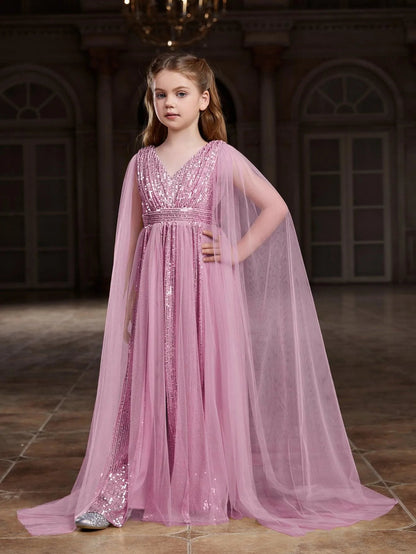Alternate view of Contrast Mesh Cape-Sleeve V-Neck Sequin A-Line Tween Girls' Party Dress in Pink