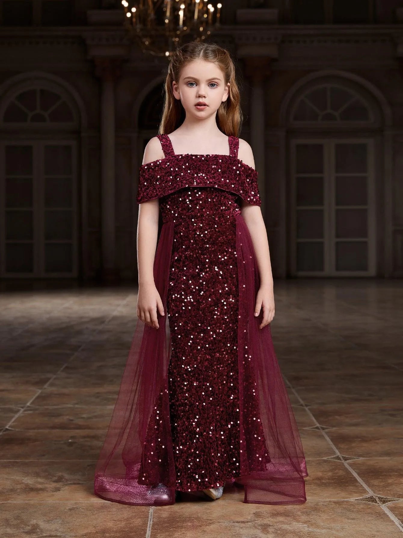 Additional product view of Mesh Overlay Off-Shoulder Sequin Mermaid Short-Sleeve Tween Girls' Party Dress