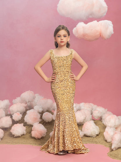 Mermaid Hem Square-Neck Sequin Sleeveless Maxi Tween Girls' Party Dress in Champagne