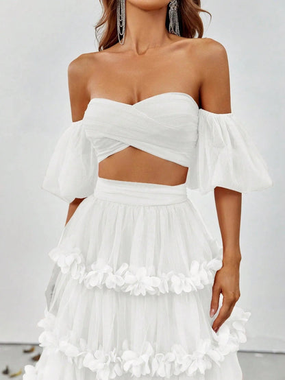 Off-Shoulder Puff Sleeve Crop Top & Frill Trim Mesh Skirt – view 11