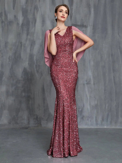 Women's Draped Back Mermaid Hem Sequin Formal Dress