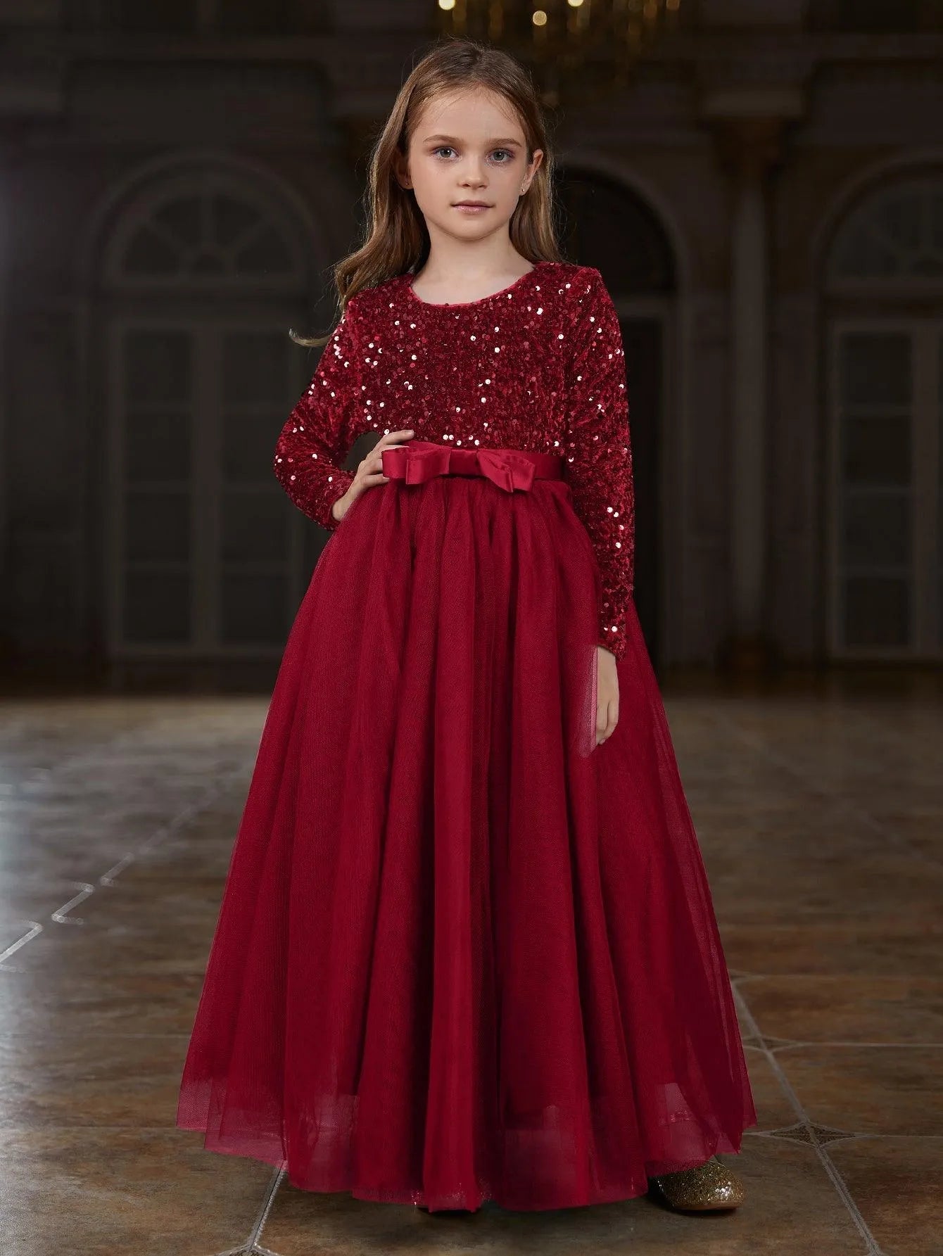 Additional product view of Sequin A-Line Long-Sleeve Mesh Maxi Tween Girls' Party Dress