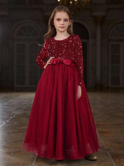 Additional product view of Sequin A-Line Long-Sleeve Mesh Maxi Tween Girls' Party Dress