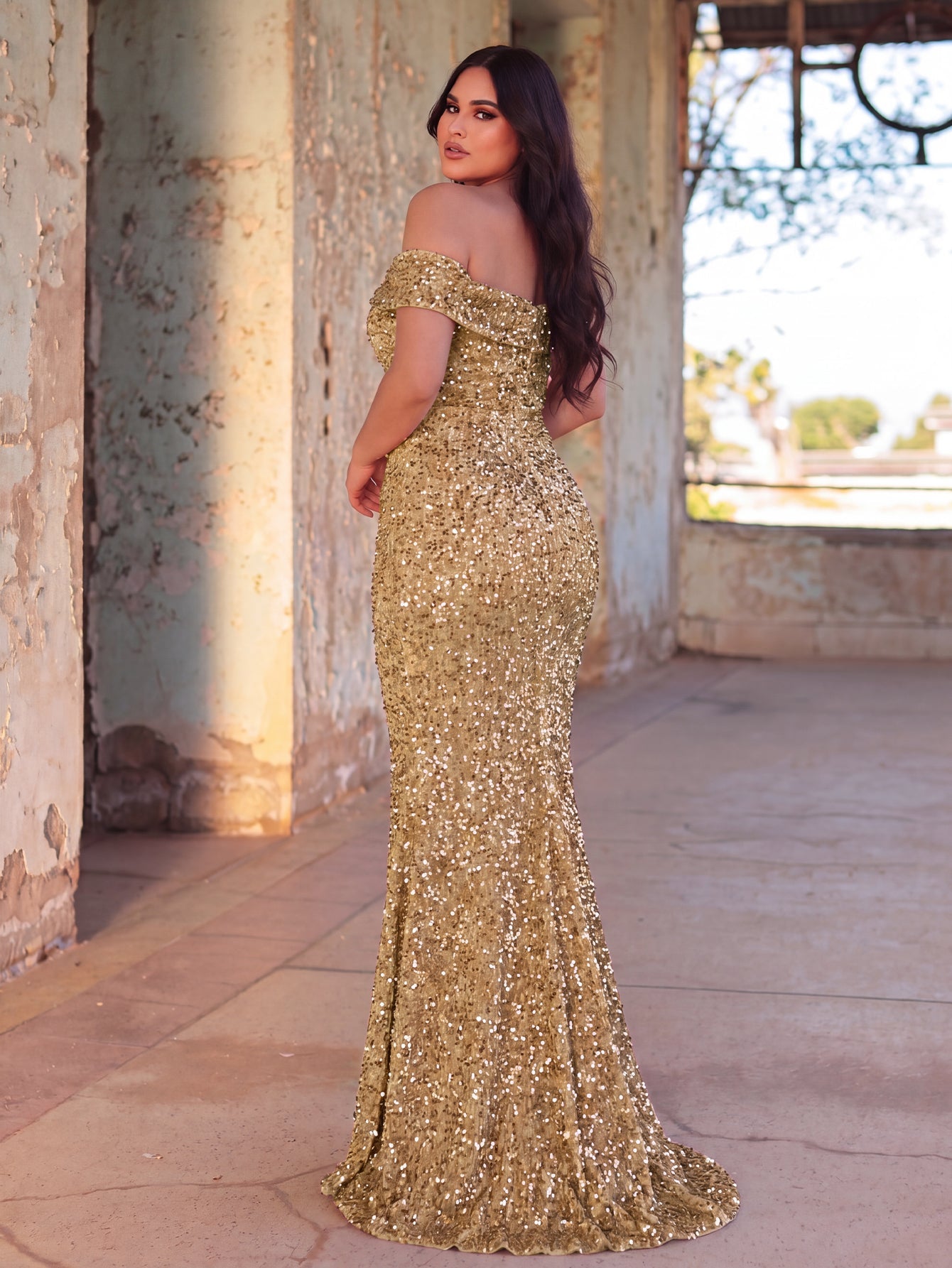 Additional product view of Plus-Size Off-Shoulder Sequin Mermaid Short-Sleeve Evening Gown
