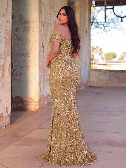 Additional product view of Plus-Size Off-Shoulder Sequin Mermaid Short-Sleeve Evening Gown