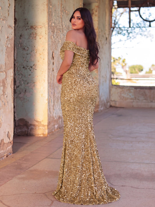 Additional product view of Plus-Size Off-Shoulder Sequin Mermaid Short-Sleeve Evening Gown
