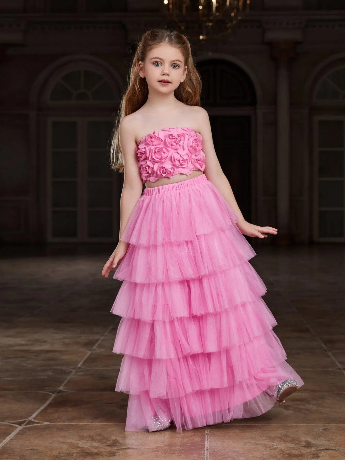 Additional product view of Strapless Mesh 3D-Flower A-Line Sleeveless Girls' Two-Piece Formal Set