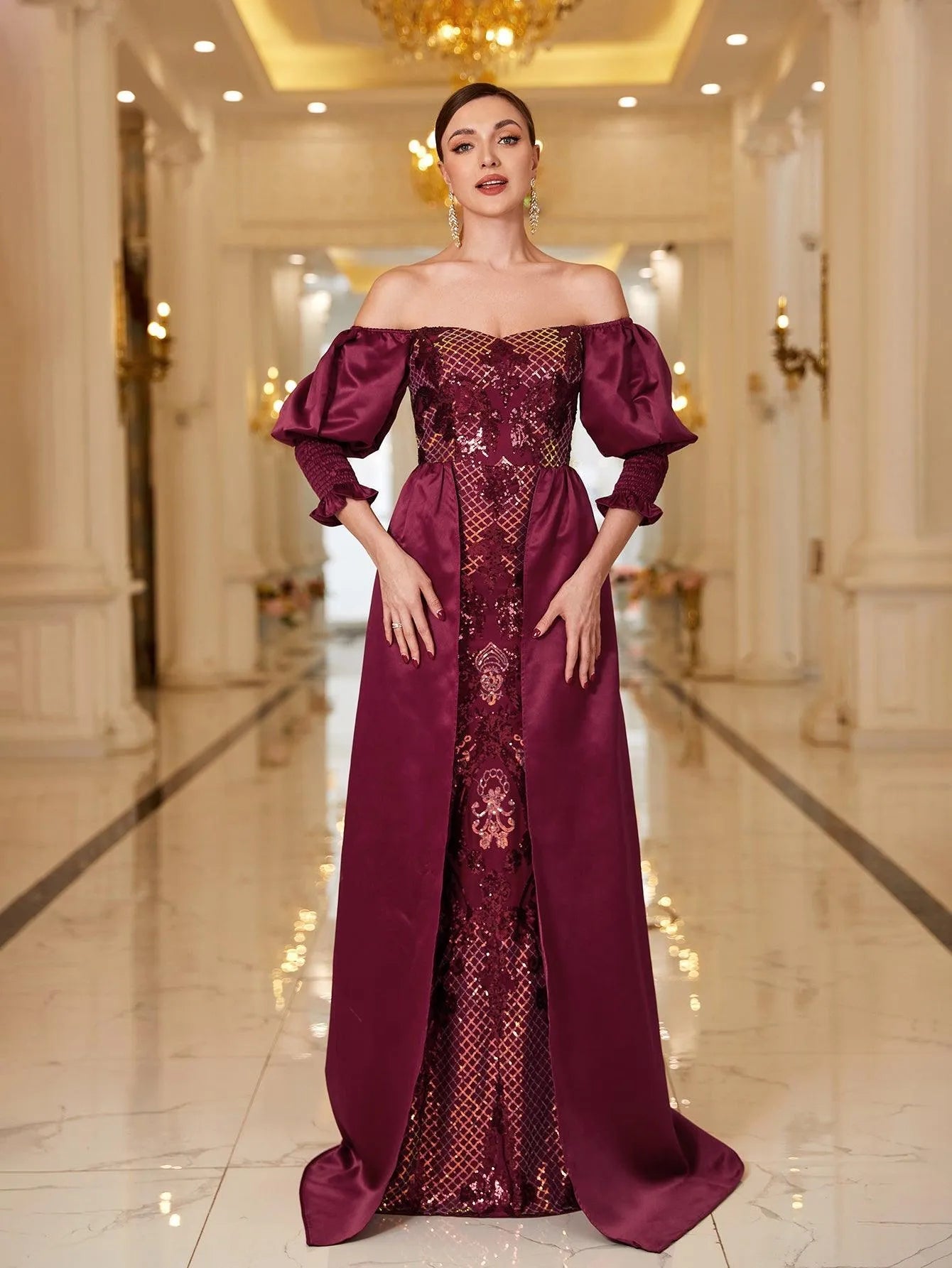Off-Shoulder Gigot Sleeves Sequin Prom Dress