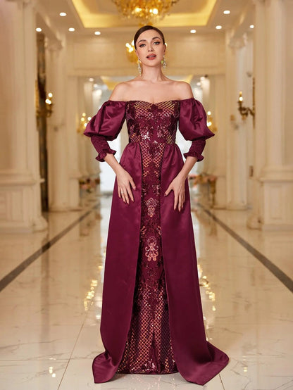 Off-Shoulder Gigot Sleeves Sequin Prom Dress