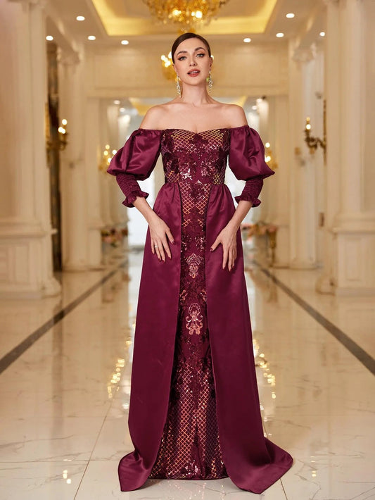 Off-Shoulder Gigot Sleeves Sequin Prom Dress