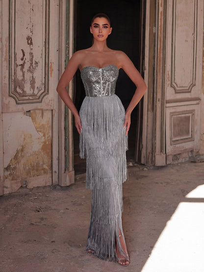Sparkling Sequin & Fringe Maxi Dress | Strapless Sweetheart Neckline, High Side Slit, Open Back | Glam Evening Gown for Parties, Galas, Prom