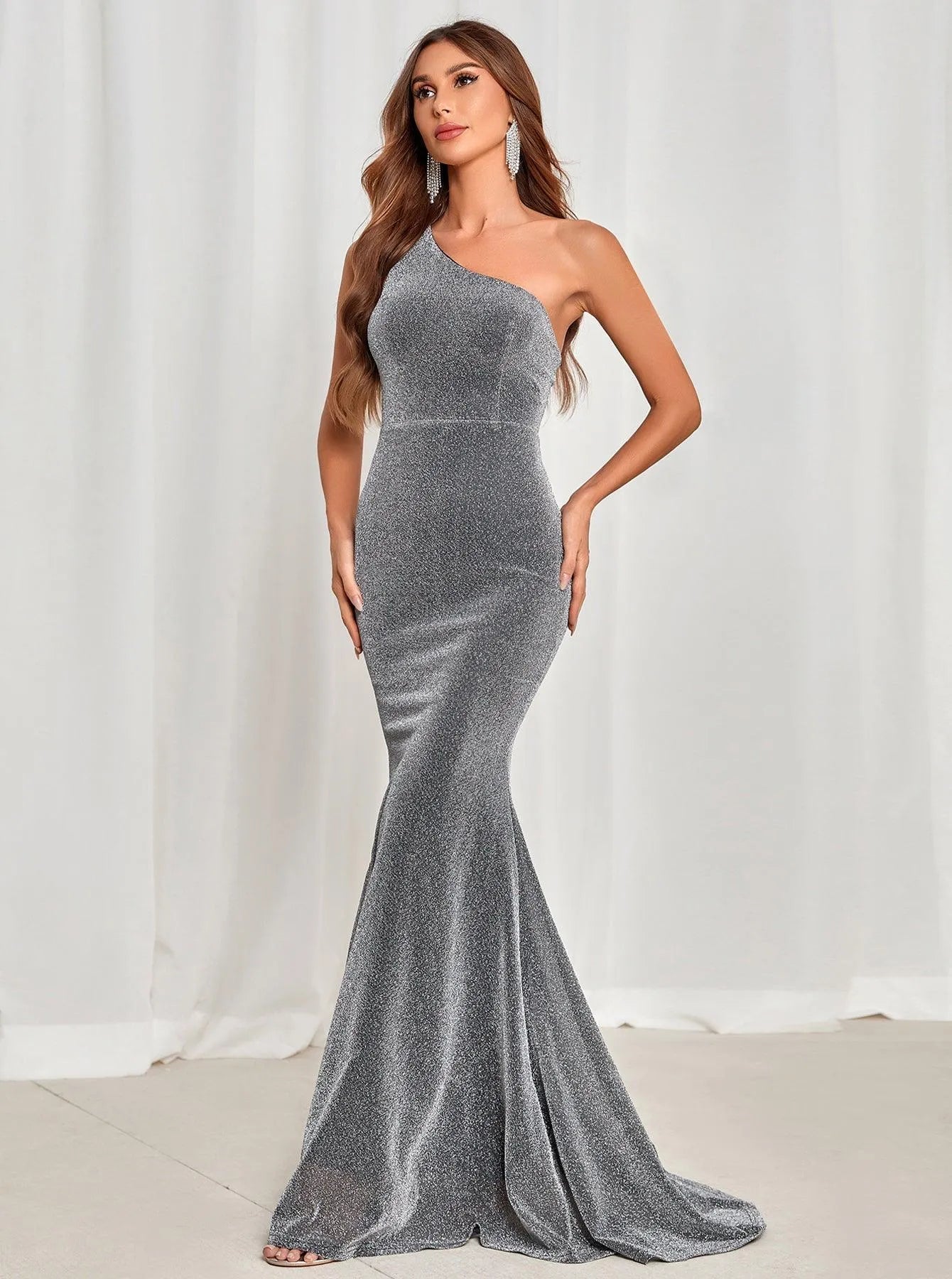 One-Shoulder Backless Mermaid Hem Glitter Dress — authorized product image 1
