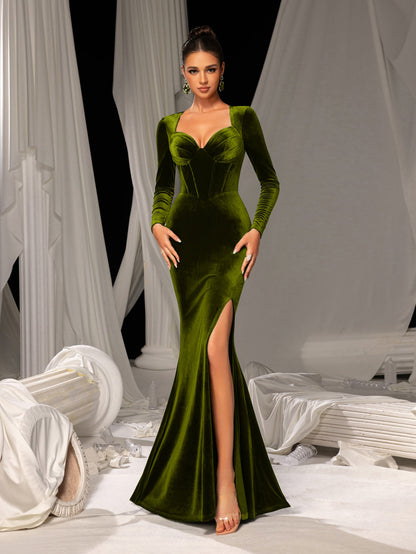 Elegant Velvet Evening Gown – Sweetheart Neckline and Thigh-High Slit, Luxury Dress for Glamorous Evening Wear, XS-XL – view 31