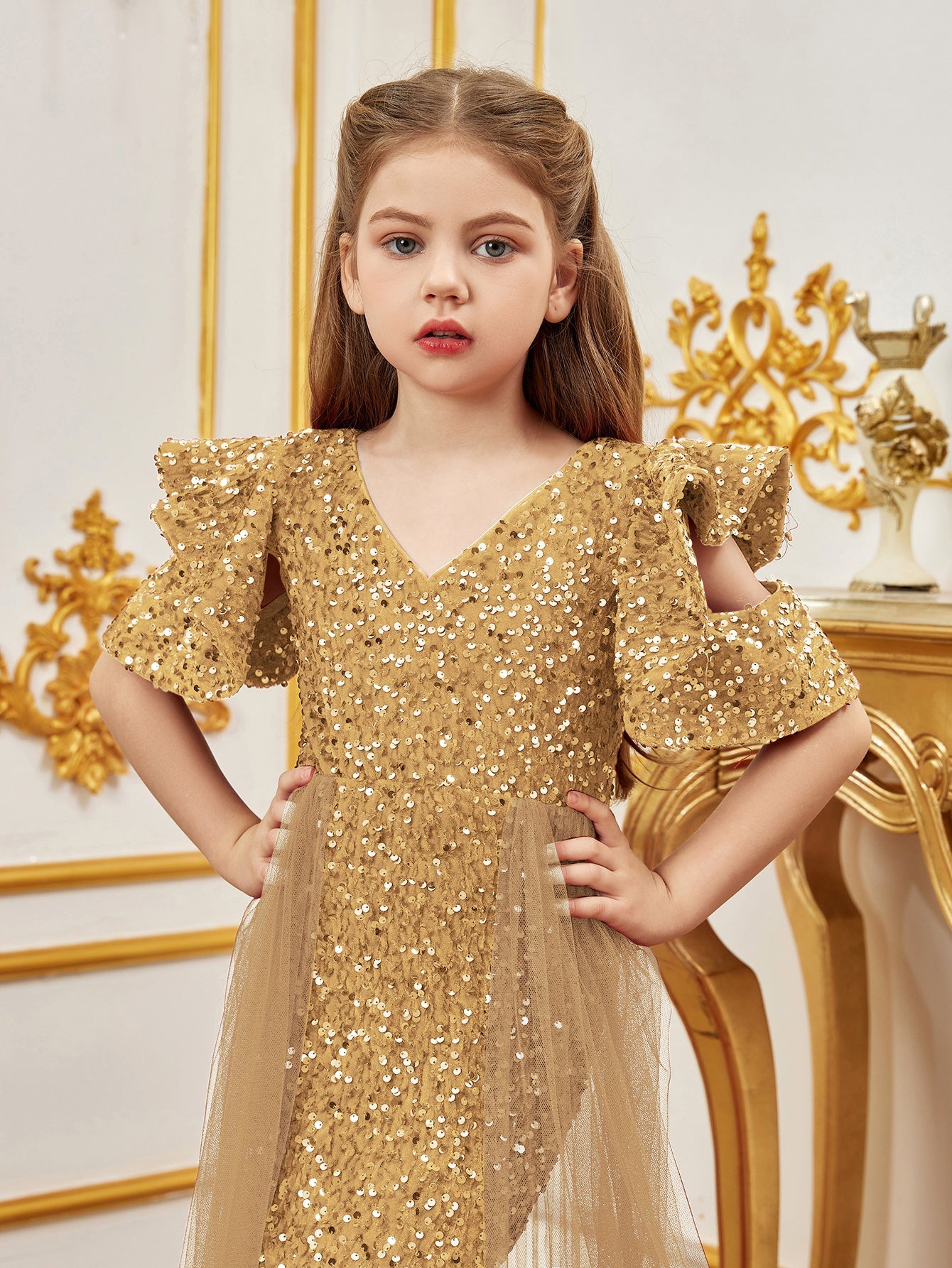 Additional product view of Mesh Overlay V-Neck Sequin Mermaid Short-Sleeve Tween Girls' Party Dress
