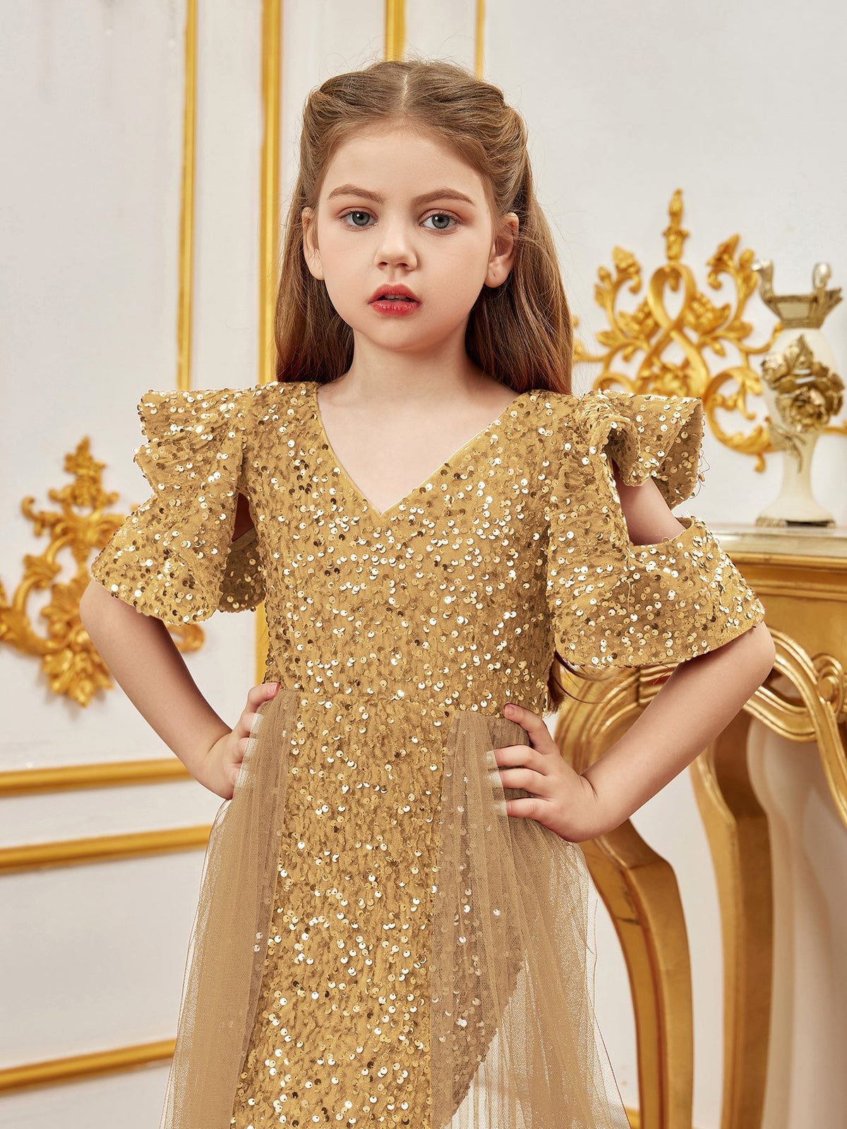 Additional product view of Mesh Overlay V-Neck Sequin Mermaid Short-Sleeve Tween Girls' Party Dress
