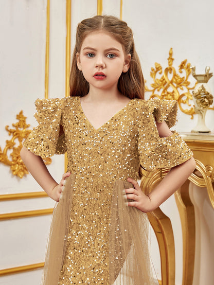 Additional product view of Mesh Overlay V-Neck Sequin Mermaid Short-Sleeve Tween Girls' Party Dress