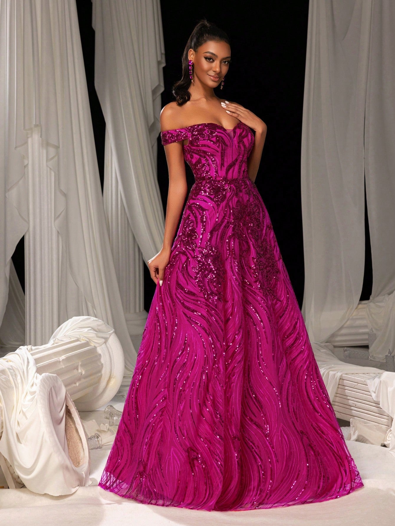 Elegant Off Shoulder Graphic Sequin Formal Prom Dress Evening Dress