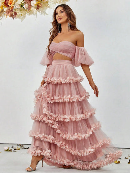 Off-Shoulder Puff Sleeve Crop Top & Frill Trim Mesh Skirt