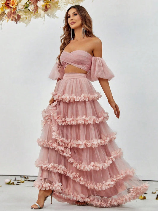 Off-Shoulder Puff Sleeve Crop Top & Frill Trim Mesh Skirt