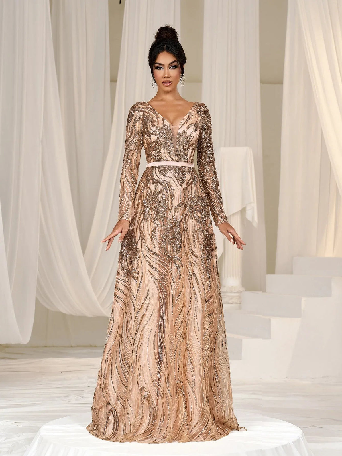 Burgundy long-sleeve sequin prom dress with plunging V-neck