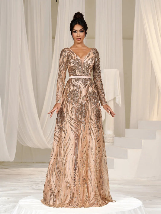 Burgundy long-sleeve sequin prom dress with plunging V-neck