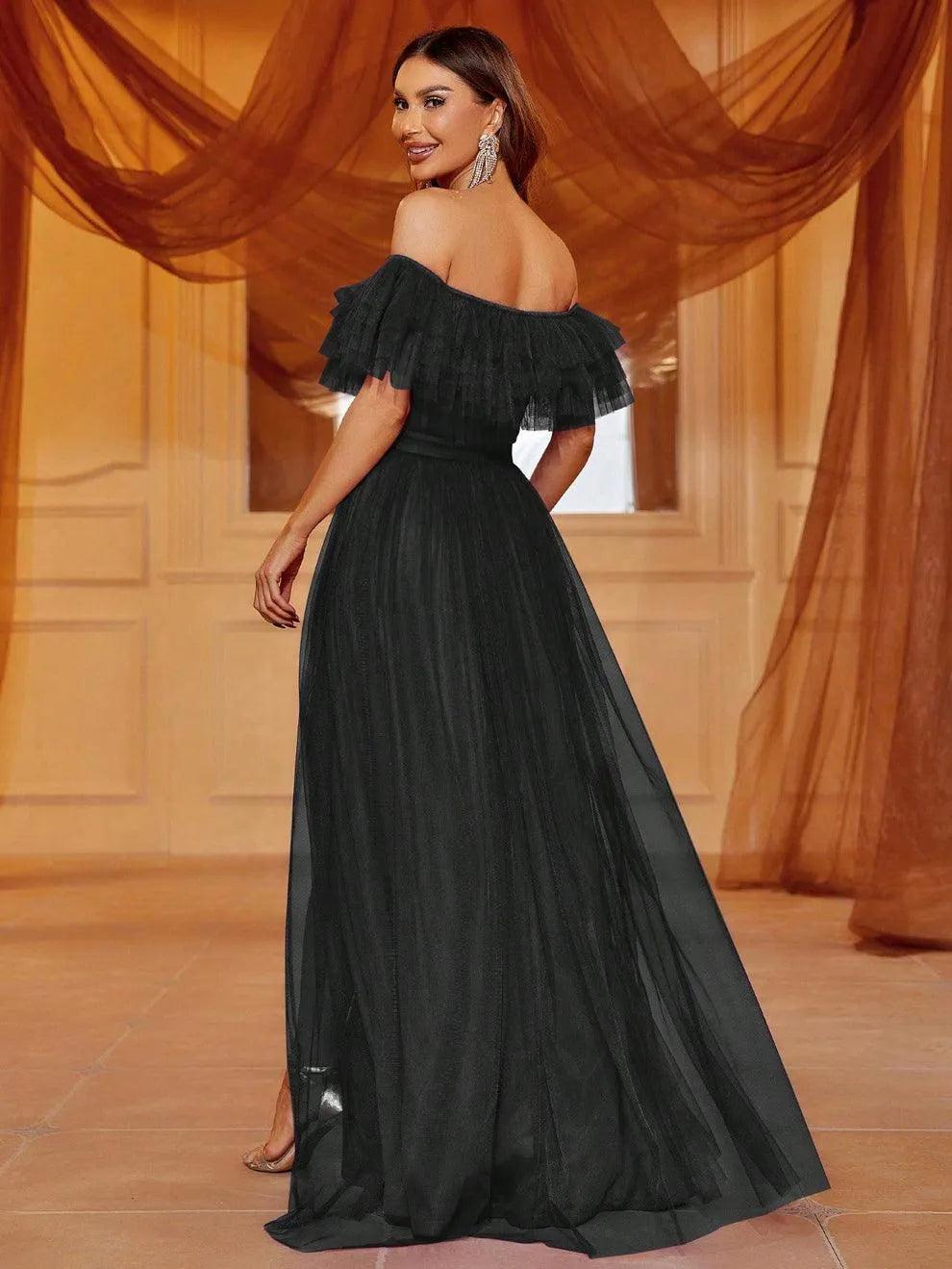 Additional product view of Ruffle Trim High-Slit Off-Shoulder Mesh A-Line Evening Gown