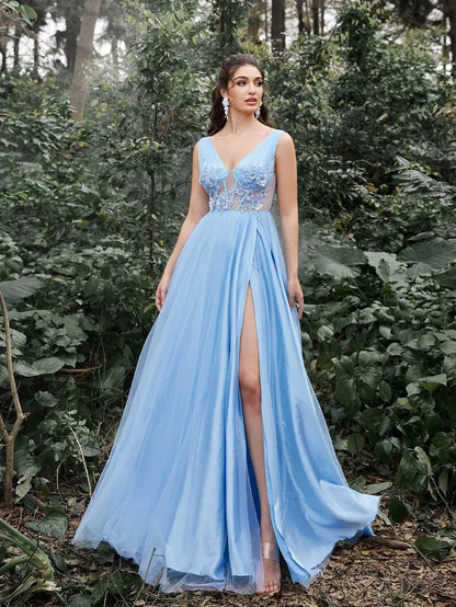 Elegant Plunging Neck Applique Detail Lace-Up Back Tulle Formal Prom Dress Evening Dress