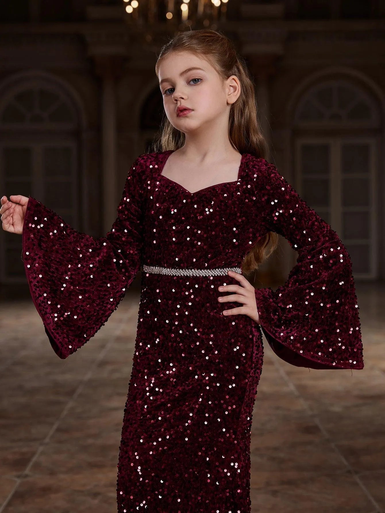 Additional product view of Bell-Sleeve Sweetheart-Neck Sequin Mermaid Maxi Tween Girls' Party Dress