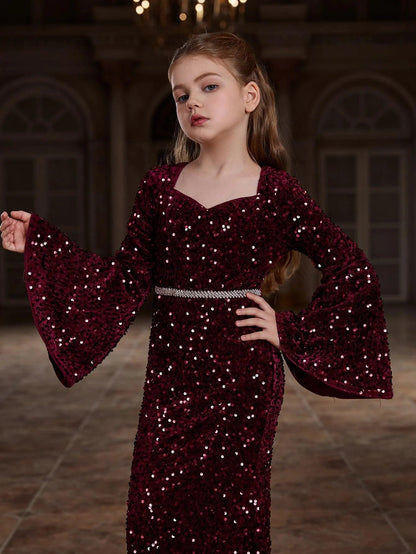 Additional product view of Bell-Sleeve Sweetheart-Neck Sequin Mermaid Maxi Tween Girls' Party Dress